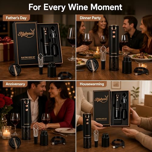 4-in-1 Rechargeable Electric Wine Opener Set - Automatic Corkscrew, Foil Cutter, Aerator Pourer, Vacuum Stopper - Wine Lovers Gifts for Women and Men