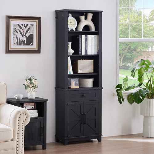 72in Tall Bookshelf 7 Tier Bookcase with Drawer and Barn Doors and Adjustable Shelves