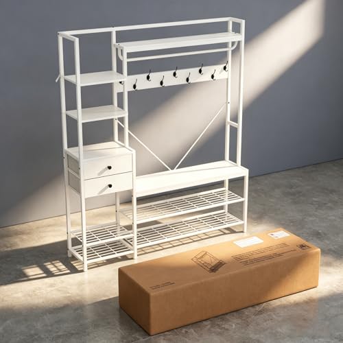 7-in-1 Hall Tree with Bench and Shoe Storage, 55" Entryway Bench Coat Rack