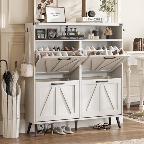 Shoe Cabinet with 2 Flip Drawers & Open Storage