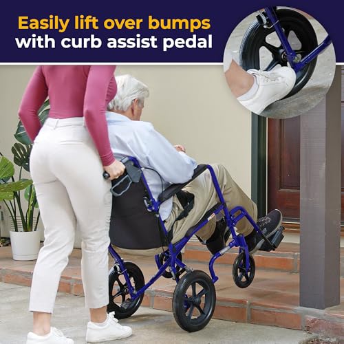 EXP19LTBL Lightweight Expedition Transport Wheelchair Blue with Hand Brakes