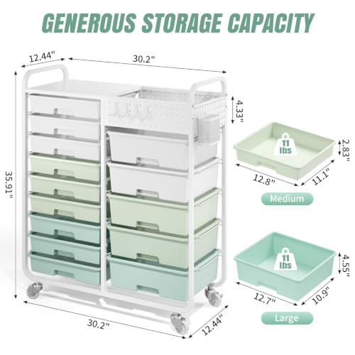 14 Drawer Rolling Storage Cart with Tabletop and Pegboard for Crafts