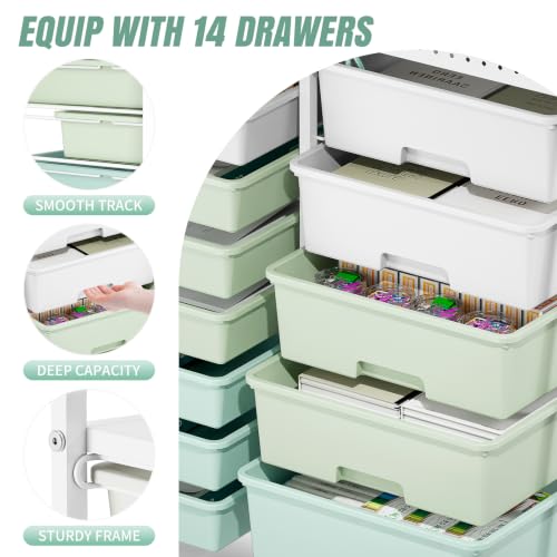 14 Drawer Rolling Storage Cart with Tabletop and Pegboard for Crafts