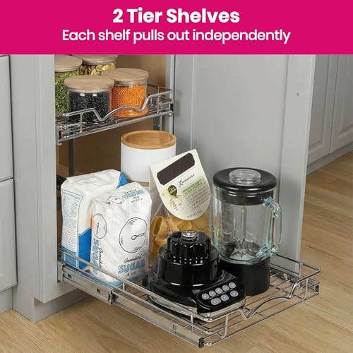 2-Tier Pull-Out Cabinet Organizer with Heavy-Duty Steel Frame, Full-Extension Sliding Shelves, Holds 100 lbs, Easy Install for Kitchen, Pantry & Under Sink Cabinets