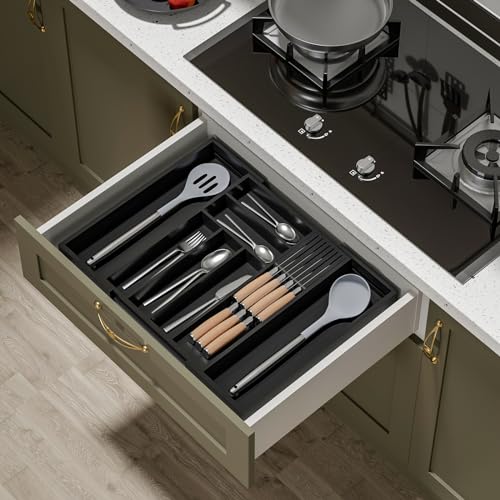 Expandable Bamboo Silverware Organizer with Knife Block