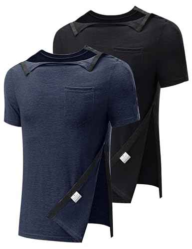 Men's Post Shoulder Surgery Recovery Shirts Full Tear Away Short Sleeve Snap Chemo Port Access Shirt