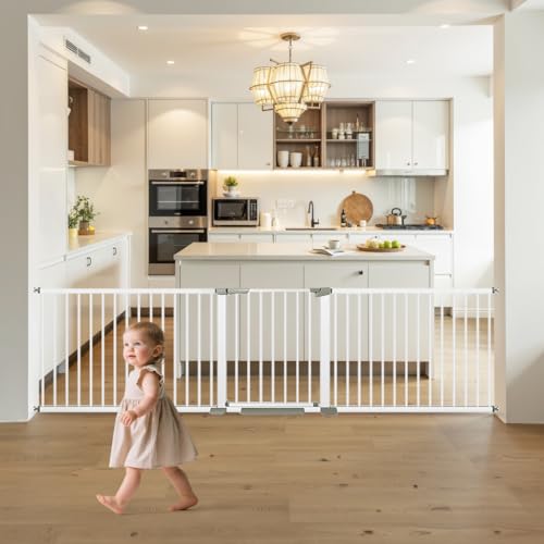 60.5-113 in Width) Extra Long Baby Gate with Door, Large Dog Gate Indoor, Extra Wide Baby Gates for Doorways, Child Proof Gate, Kiddie Gates. White, Dog Gates for The House