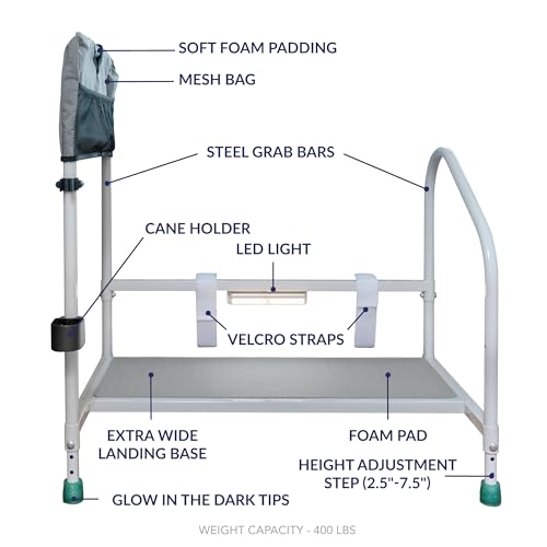 Bed Rails For Elderly with Adjustable Height Bed Step Stool & LED Light for Fall Prevention