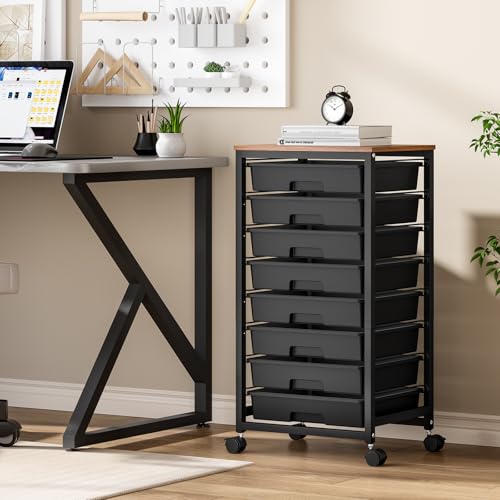 Rolling Cart with 8 Drawers and Wooden Tabletop