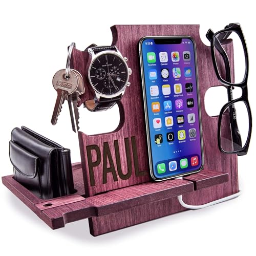 GRETAOTO Personalized Wood Phone Docking Station Gift for Men Bedside Nightstand Charging Station Organizer Mens Accessories Phone Stand Anniversary Birthday Gifts for Dad Him Husband