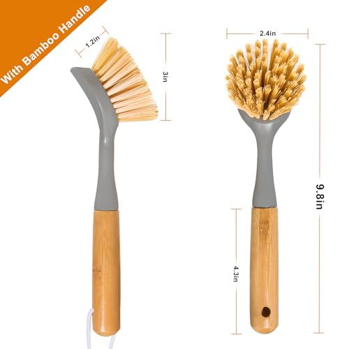 2 Pack Kitchen Dish Brushes with Bamboo Handle