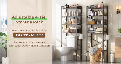 Over-The-Toilet Storage Rack 4-Tier,Bathroom Organizer Shelf Over Toilet,Adjustable Wooden Shelves and Basket,Freestanding Above Toilet Shelves,Space Saver for Rooms