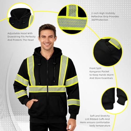 High Visibility Safety Hoodie Reflective ANSI Class 3 Sweatshirts for Men Hi Vis Construction Work Zipper Jackets