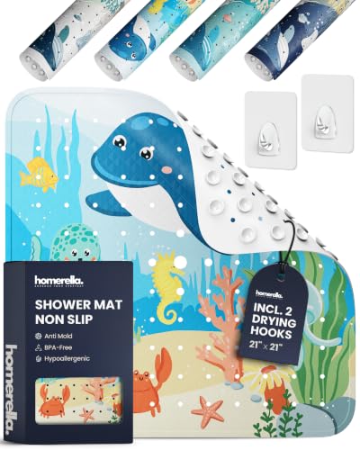 Shower Stall Mat Non Slip 21x21 Square Shower and Standing Bathtub Mat for Baby INCL. 2 Hooks for Storage Anti Slip Shower Mats with Suction Cups Soft on Feet Machine Washable Homerella