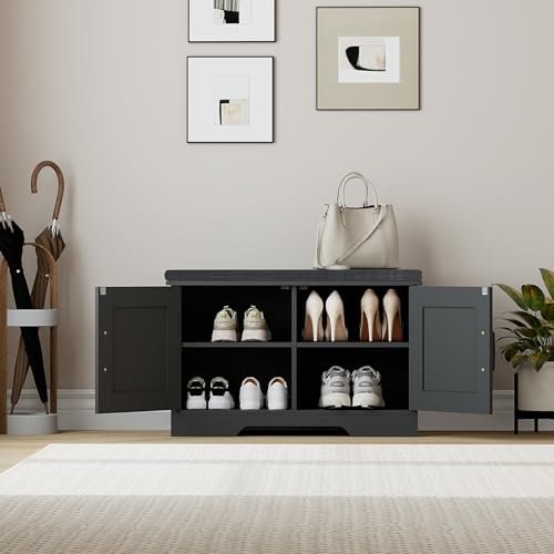Farmhouse Shoe Storage Bench with Barn Doors & Padded Seat Cushion