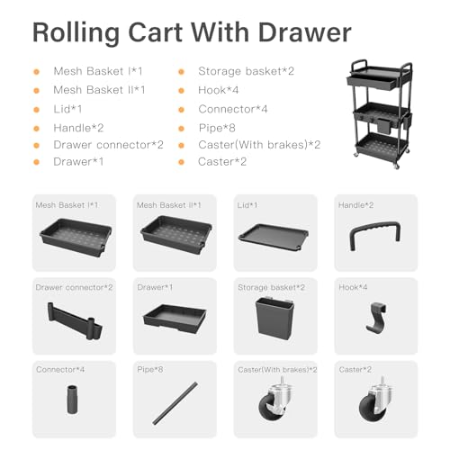 3 Tier Rolling Cart with Drawer