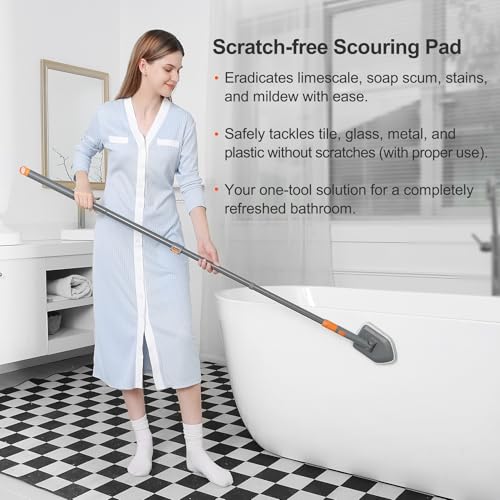 Tub Tile Scrubber Brush with 2 Different Function Cleaning Pads and 52" Extendable Long Handle