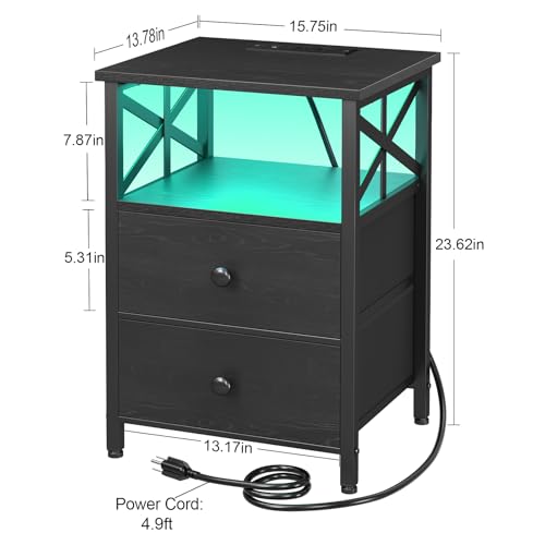Night Stand Set of 2 with Charging Station and LED Lights