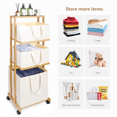 Laundry Basket 3 Tier Bamboo Storage Shelf with Wheels Removable Storage Basket with Handle Freestanding Clothes Hamper Organizer for Bathroom Living Room Bedroom