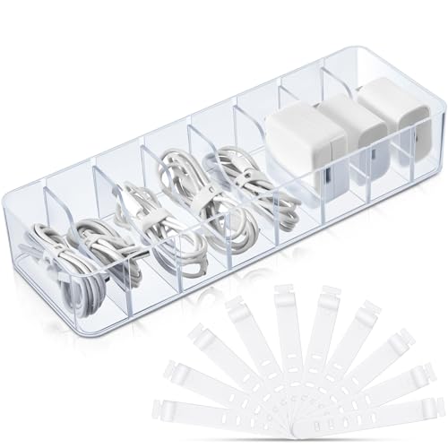 Cable Organizer Box with Wire Ties Cord Storage Charger Box Plastic Electronics Organizer with 8 Removable Divider Cable Storage for Office Home Desk Accessories