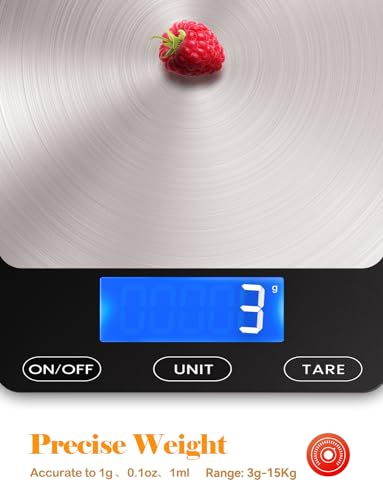 Food Scale 33lb Digital Kitchen Scale for Food Ounces Grams Rechargeable 303 Stainless Steel