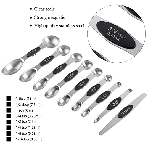 Magnetic Measuring Cups and Spoons Set Including 7 Heavy Duty Stainless Steel Measuring Cup 8 Double Sided Measuring Spoons with 1 Leveler for Dry and Liquid Ingredients