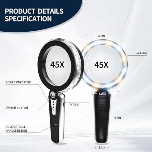 45x Magnifying Glass with Light for Reading