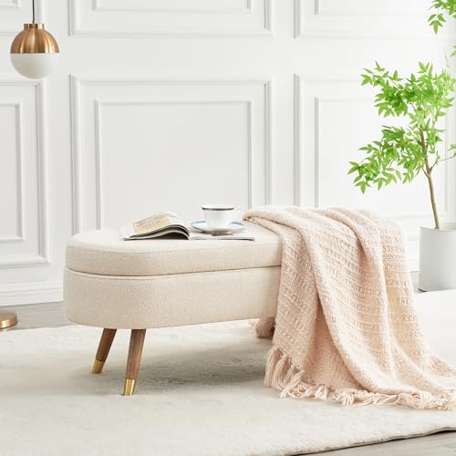Oval Storage Bench 43.5" Linen Fabric Upholstered Entryway Bench with Solid Wood Legs Ottoman Bench Indoor Bench for Living Room