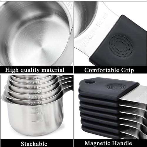 Magnetic Measuring Cups and Spoons Set Including 7 Stainless Steel Measuring Cups 8 Double Sided Magnetic Measuring Spoons Set with 1 Leveler Kitchen Measuring Tools for Cooking Baking