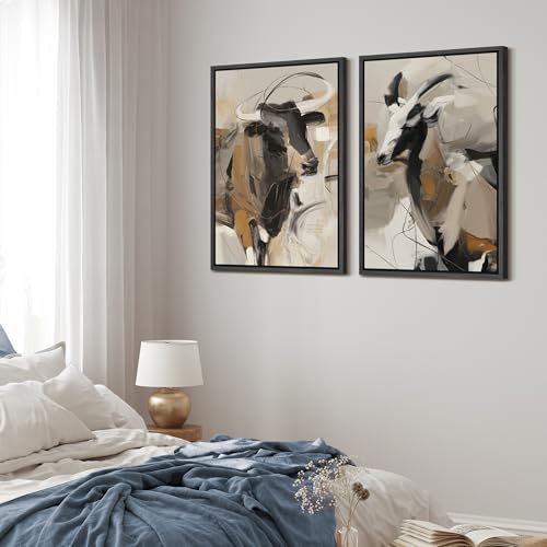 Framed Canvas Print Wall Art Modern Abstract Longhorn Cow Neutral Black Beige Western Cattle Illustrations Modern Art Decorative for Living Room