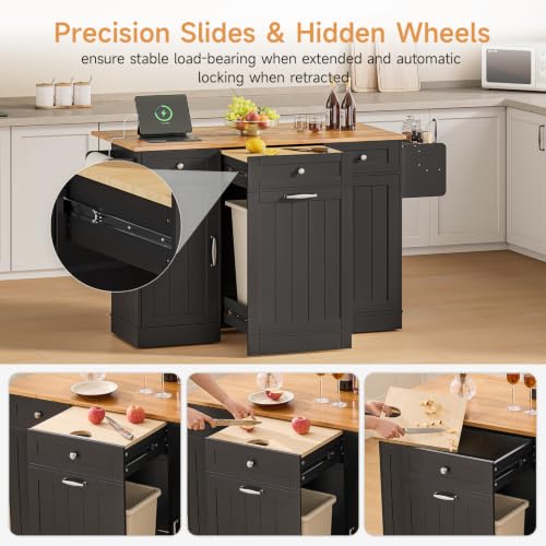 61" Kitchen Islands with Movable Wood Cutting Board & Trash Storage Cabinets