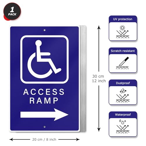 Handicap Access Ramp Sign 8 × 12 Inch Aluminum Waterproof Right Arrow Direction Signage Reflective ADA Accessibility Symbol Wheelchair Signs