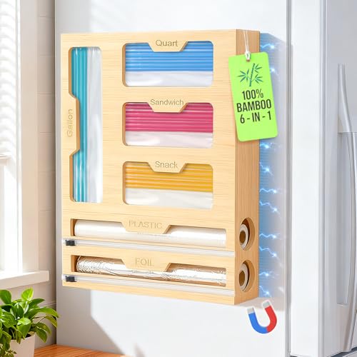 Magnetic Storage Bag Organizer 6 In 1 Food Bag Organizer for Drawer Food Storage Bags Organizers Foil and Plastic Wrap Organizers with Cutter