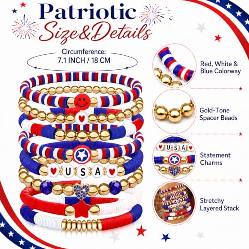 250 Anniversary USA Merchandise 4th of July Outfits for Women Men Teens Red White Blue Clay Beaded Stretch Bracelets USA Patriotic Jewelry 4th of July Accessories