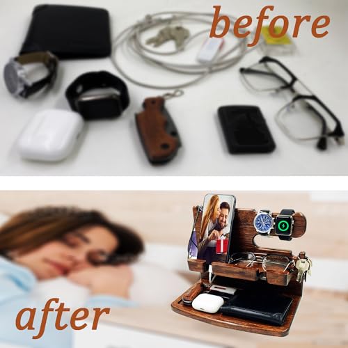 Gifts for Men from Wife Nightstand Organizer for Men Wood Phone Docking Station Phone Holder for iPhone