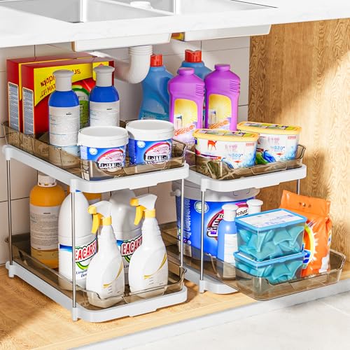 2-Tier Multi-Purpose Bathroom Under Sink Organizers and Storage, Stackable Kitchen Pantry Organization, Pull Out Medicine Cabinet Organizer with Movable Dividers