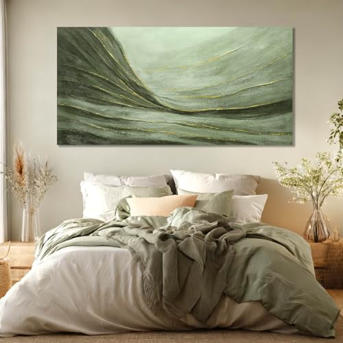 Green Abstract Canvas Wall Art with Gold Ginkgo Leaves and White Black Plum Blossom Accents Modern Nature Painting for Living Room Bedroom Office Contemporary Home Wall Decor