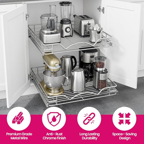 2-Tier Pull-Out Cabinet Organizer with Heavy-Duty Steel Frame, Full-Extension Sliding Shelves, Holds 100 lbs, Easy Install for Kitchen, Pantry & Under Sink Cabinets