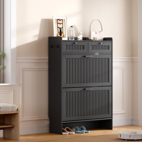 Fluted Shoe Storage Cabinet with 2 Flip Drawers & 2 Top Drawers