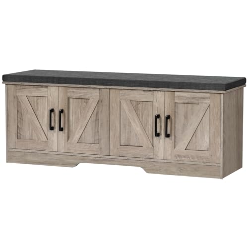 Farmhouse Shoe Storage Bench with Barn Doors & Padded Seat Cushion