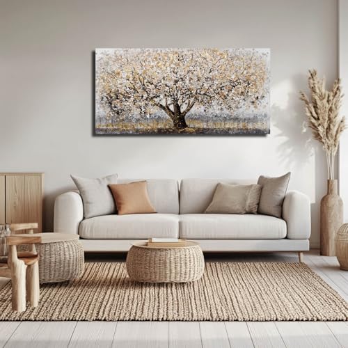 Gold Tree Wall Art Framed Canvas Pictures Sunflowers Wall Decor Beach Decorations Gold And Green Arts for Home Hotel