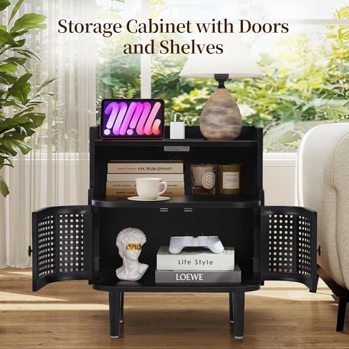 Metal Rattan Narrow End Table with Charging Station