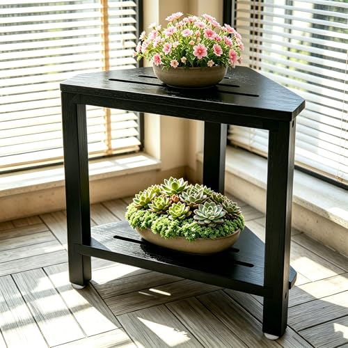 Acacia Corner Shower Stool with Storage Shelf Small Bench