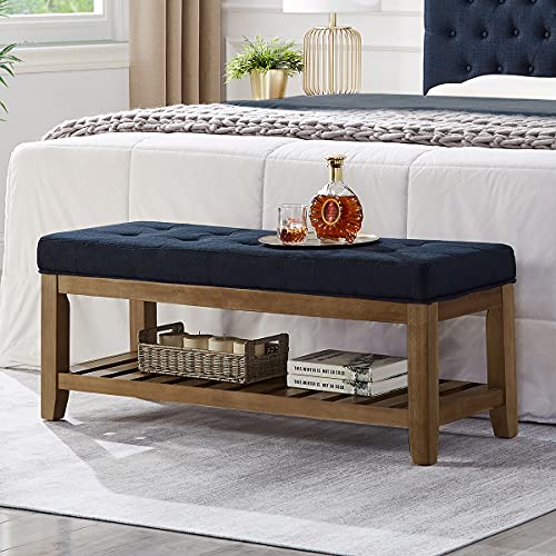 Large Rectangular Upholstered Tufted Linen Ottoman Bench