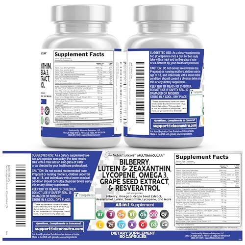 Clean Nutra Eye Vitamins with Bilberry Lutein and Zeaxanthin Supplements Lycopene 40mg Resveratrol Grape Seed Astaxanthin for Eyes