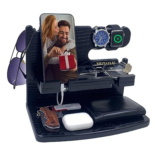 Gifts for Men from Wife Nightstand Organizer for Men Wood Phone Docking Station Phone Holder for iPhone