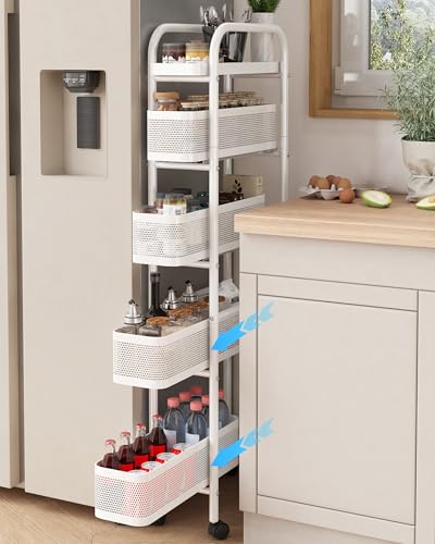 Slim Storage Cart 4 Tier with Pull Out Basket Bathroom Organizer Rolling cart