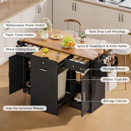 61" Kitchen Islands with Movable Wood Cutting Board & Trash Storage Cabinets
