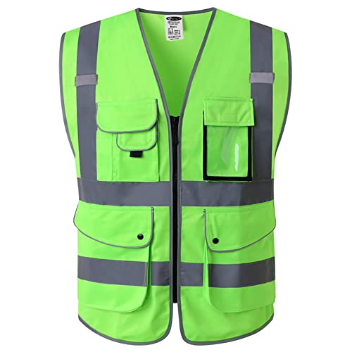 9 Pockets Class 2 High Visibility Zipper Front Safety Vest With Reflective Strips Meets ANSI