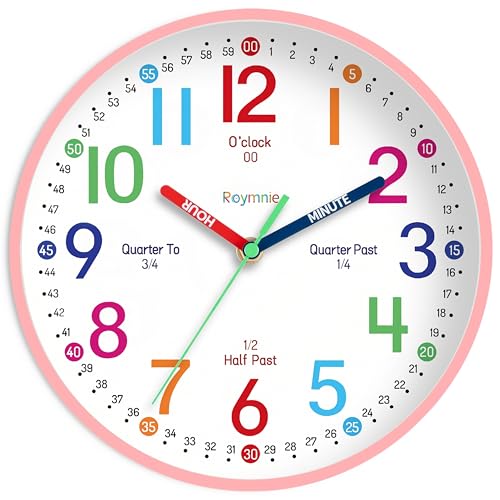 Wall Clock for Kids Learning to Tell Time Easily Clock Non Ticking Battery Operated Colorful Teaching Time Clock Decorative for Kids Room Classroom School